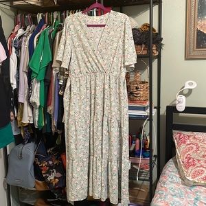 Pastel Blue and Pink Floral Midi Dress with a Plunge V Neck 100% Polyester XL